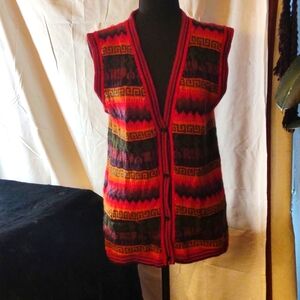 Hand Crafted Vintage Ethnic Knitted V Neck Button Up Sweater Vest -Reds Size S/M